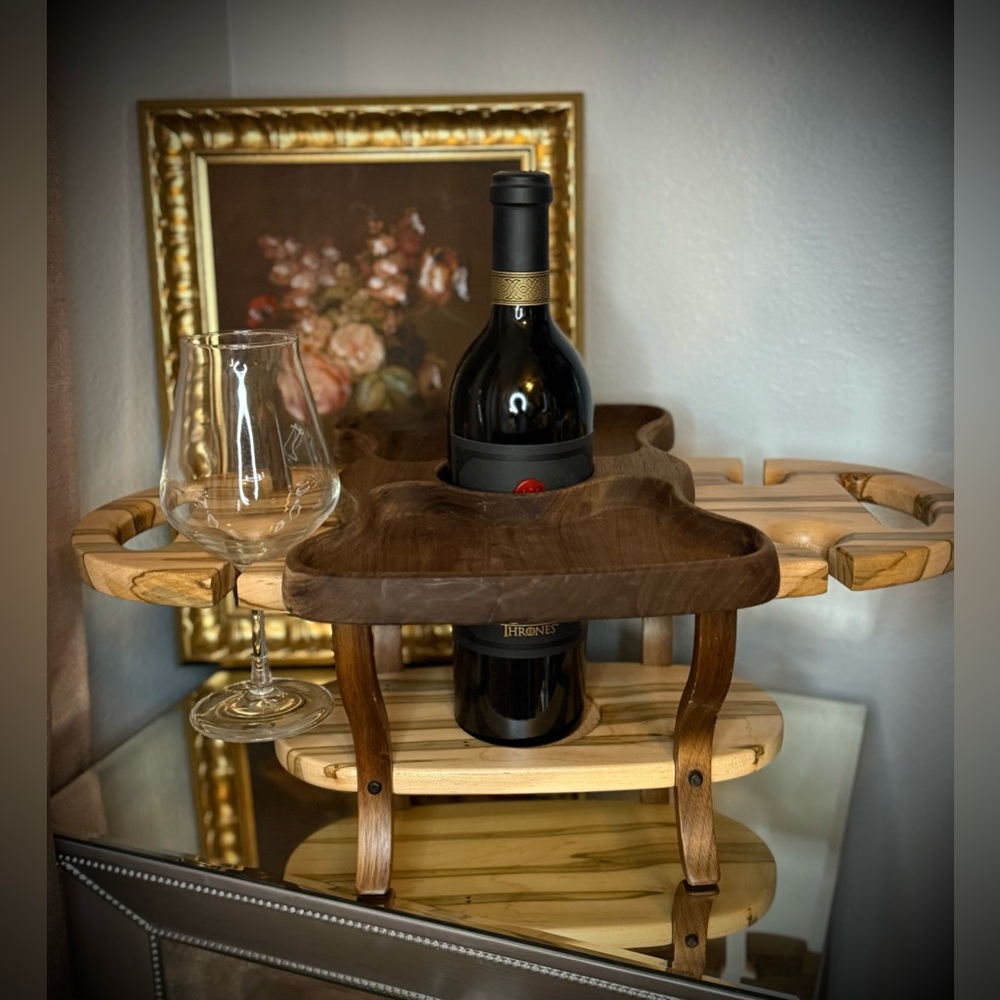 Handcrafted Wood portable Wine & Appetizer Caddy- Removable 12.5" Tray